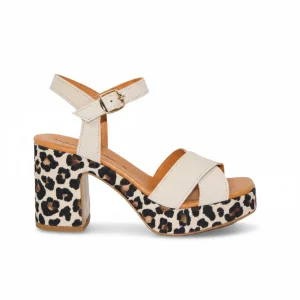 SANDALO CON PLATFORM IN NAPPA BEIGE E TESSUTO LEOPARDATO CON TACCO LARGO 9CM
