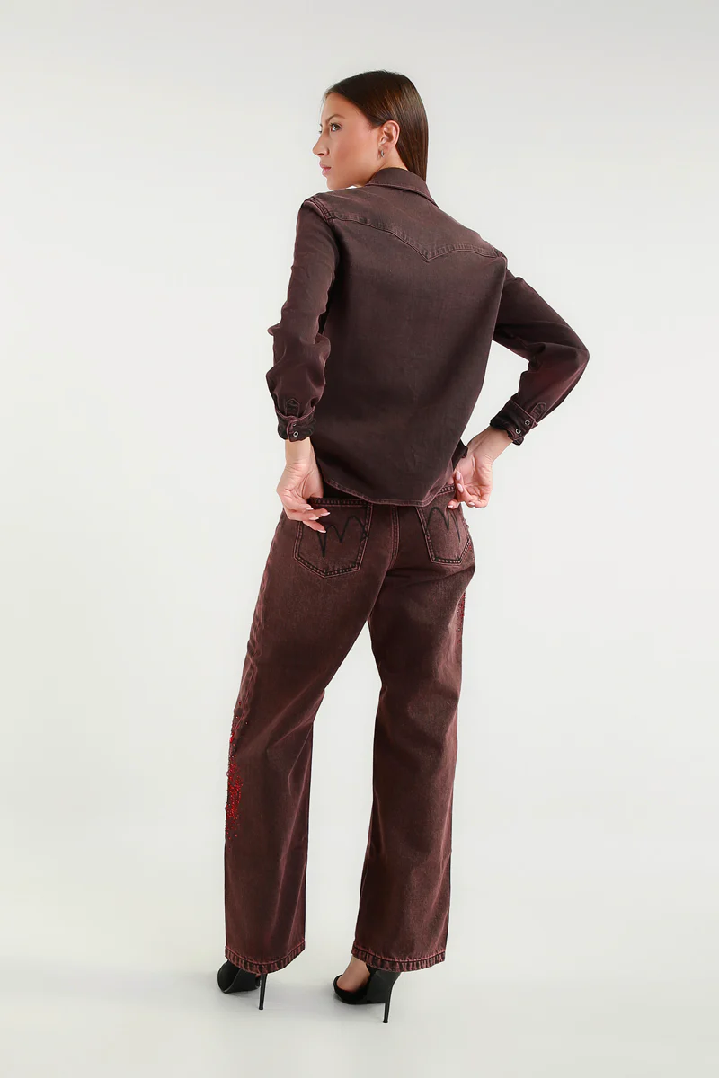 Jeans Straight Fit Bordeaux con Pietre - immagine 5